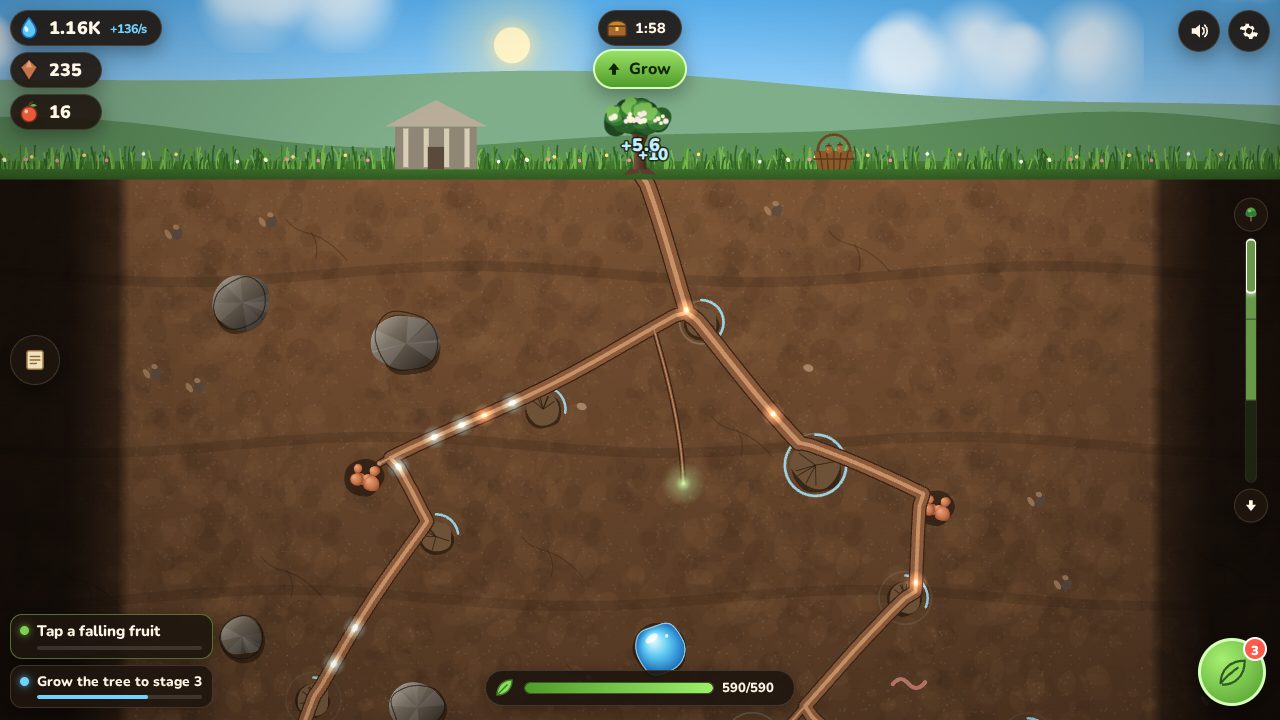 Root to Core, jogo incremental de raízes: raízes a crescer no subsolo em direção ao núcleo, com a árvore à superfície